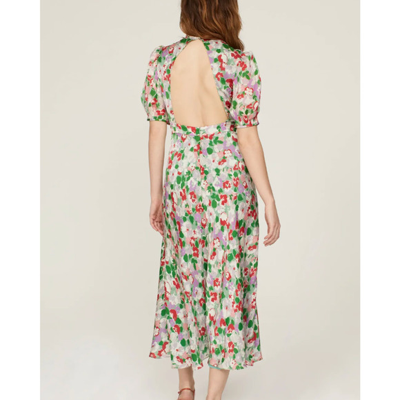 L.K. Bennett Green Floral Silk Midi Dress SIZE 12 Satin Romantic Designer $825 - Picture 1 of 10